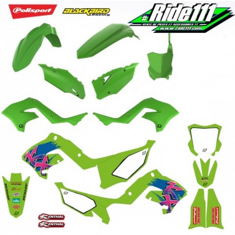 Kit plastiques restylé + kit déco Rétro KAWASAKI 125 et 250 KX  Année:2001 à 2008 Elément:Kit plastiques + décoà
+ 2
